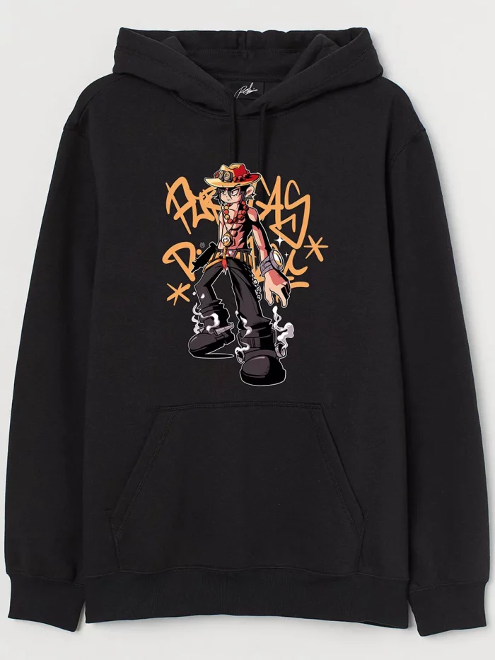 ace eendelig hoodie zwart oranje anime manga aangepast item ontwerp luffy strohoed piraten portgas d
